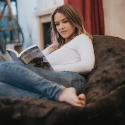Faux Fur Bean Bag Chair - Replacement Cover -Bean Bag Chairs Store faux fur bean bag chair brown bear with girl reading 1
